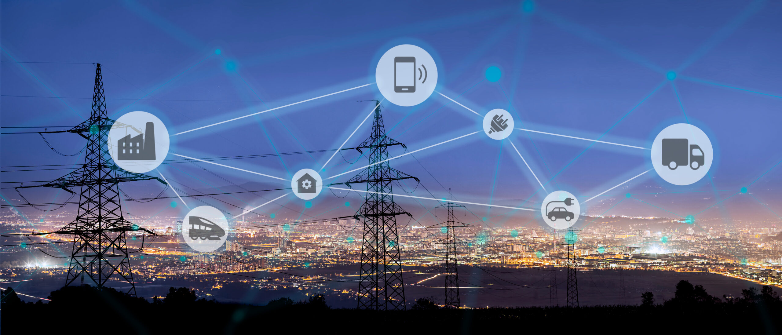 Rede de transmissão de eletricidade com gráficos e ícones de Internet das Coisas