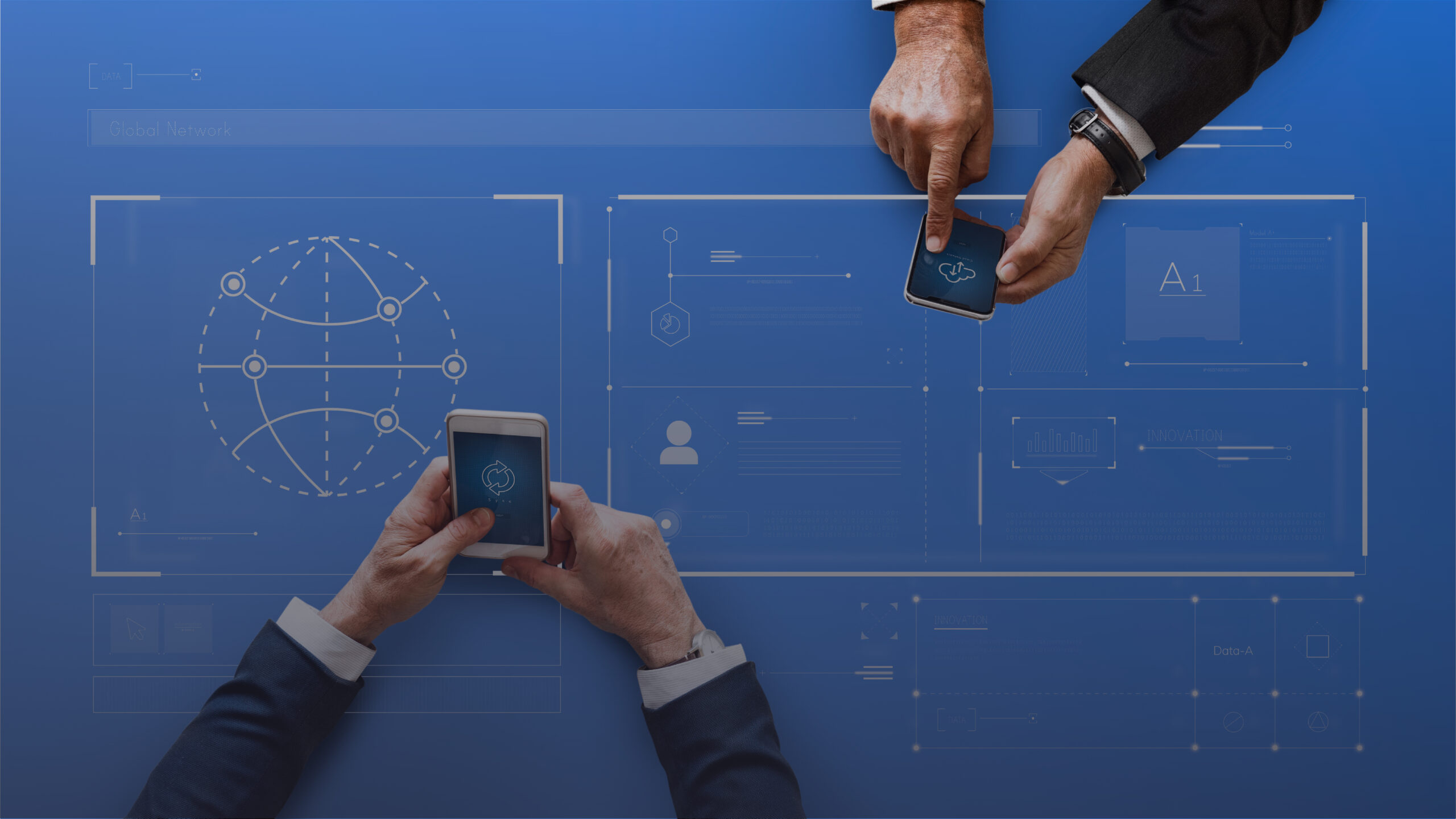 Mãos de executivos mexendo em celulares com gráficos que representam a transformação digital nas empresas
