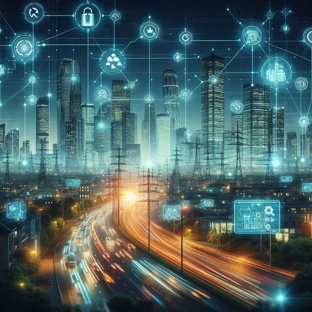 Imagem de cidade à noite com ícones representando a tecnologia de redes inteligentes